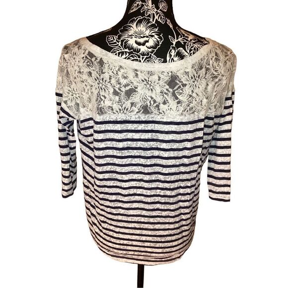 Striped Casual T Shirt School Preppy Lace Everyday Semi Sheer Lounge - Picture 2 of 6